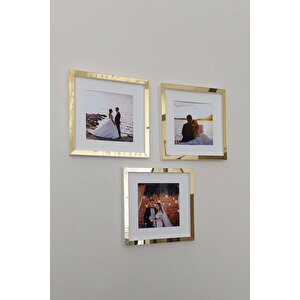 Yapışkanlı 20x20 Cm  Pasportulu Sök Tak Çerçeve 3'lü Kare Çerçeveler! Beyaz-gold