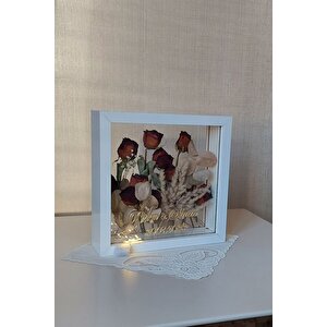 Ledli İsimli 25x25 Cm Çift Yönlü Derin Gül Çerçevesi! Gelin Buketi Çerçevesi! Beyaz