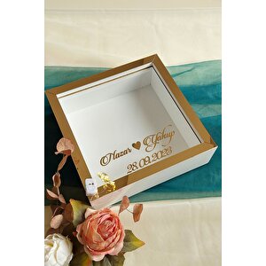 25x25 Cm Beyaz-bronz Ledli Derin Anı Çerçevesi-6 Cm Derinlikli Anı Çerçevesi Gül Kutusu