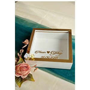 25x25 Cm Beyaz-bronz Ledli Derin Anı Çerçevesi-6 Cm Derinlikli Anı Çerçevesi Gül Kutusu