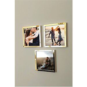 Yapışkanlı 20x20 Cm Full Fotoğraflı Sök Tak Çerçeve 3'lü Kare Çerçeveler-17,5x17,5 Cm Fotoğraf! Beyaz-gold