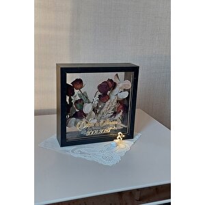 Ledli İsimli 25x25 Cm Çift Yönlü Derin Gül Çerçevesi! Gelin Buketi Çerçevesi! Siyah