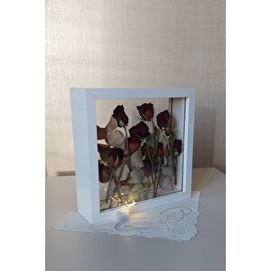 Ledli 25x25 Cm Çift Yönlü Derin Gül Çerçevesi! Gelin Buketi Çerçevesi! Beyaz