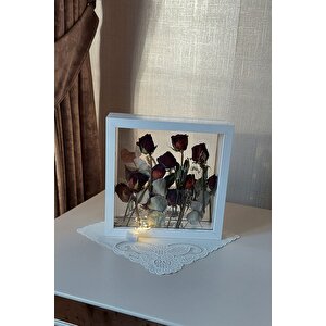 Ledli 25x25 Cm Çift Yönlü Derin Gül Çerçevesi! Gelin Buketi Çerçevesi! Beyaz
