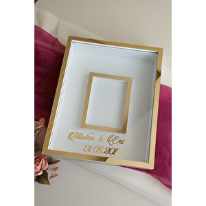 40x50 Cm Yeni Trend 8 Cm Derinliğinde Beyaz-gold Fotoğraf Bölümlü Isimli Ledsiz Çerçeve! Gül Kutusu