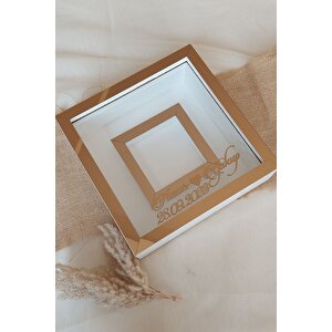 25x25 Cm Fotoğraf Bölümlü Anı Çerçevesi-6 Cm Derinlikli Anı Çerçevesi-isim Ve Tarih Hediye! Beyaz-bronz