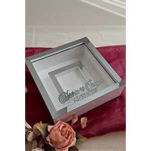 25x25 Cm Fotoğraf Bölümlü Anı Çerçevesi-6 Cm Derinlikli Anı Çerçevesi-isim Ve Tarih Hediye!beyaz-füme