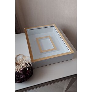 30x40 Cm Ledsiz Beyaz- Gold Fotoğraf Bölümlü Tasarım Gül Kutusu Anı Çerçevesi! Isimsiz
