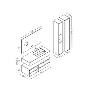 Vision 120 Cm Banyo Dolabı - Çekmeceli Konsol Alt Modül Ve Boy Dolap Dahil