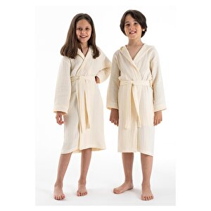 Ekru Müslin Çocuk Bornoz - 4 Katlı Kapşonlu Bornoz - Nefes Alabilir Ve Yumuşak Model 9-10 Yaş