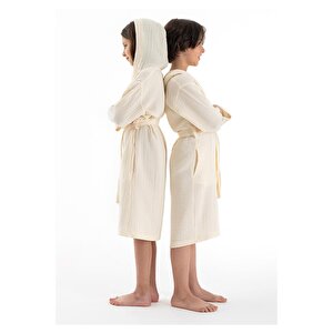 Ekru Müslin Çocuk Bornoz - 4 Katlı Kapşonlu Bornoz - Nefes Alabilir Ve Yumuşak Model 9-10 Yaş