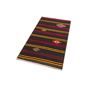 Sari Kirmizi Çi̇zgi̇li̇ Desen El Dokuma Vi̇ntage Ki̇li̇m