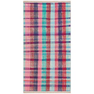 Pembe Turkuaz Rengi̇ Kareli̇ Desen Vi̇ntage Ki̇li̇m