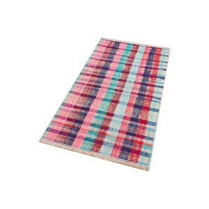 Pembe Turkuaz Rengi̇ Kareli̇ Desen Vi̇ntage Ki̇li̇m