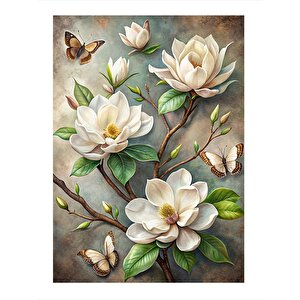 Beyaz Çiçekler Ve Kelebek Tasarım Mdf Tablo 35cm X50cm 35x50 cm