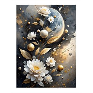 Çiçekler Ve Ay Hediyelik Ahşap Tablo 35cm X50cm 35x50 cm