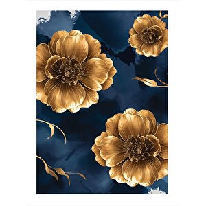 Gold Renk Çiçekler Ve Mavi Fon Mdf Tablo 25cmx 35cm 25x35 cm