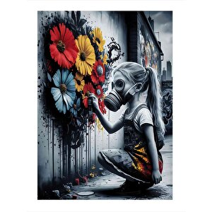 Çiçek Grafitisi Yapan Çocuk Desenli Mdf Tablo 25cmx 35cm 25x35 cm
