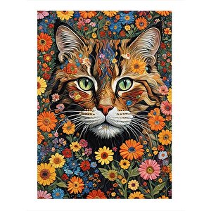Kedi Ve Çiçekler Model Ahşap Tablo 25cmx 35cm 25x35 cm