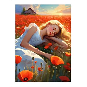 Çiçeklere Yatan Kız Art Mdf Poster 25cmx 35cm 25x35 cm