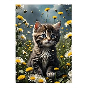 Yavru Kedi Ve Sarı Çiçekler Hediyelik Ahşap Tablo 25cmx 35cm 25x35 cm