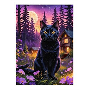 Siyah Kedi Ve Çiçekler Art Mdf Poster 25cmx 35cm 25x35 cm