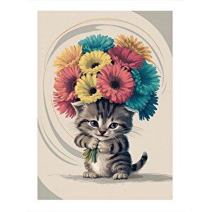 Renkli Çiçekler Ve Kedi Tasarım Ahşap Tablo 25cmx 35cm 25x35 cm