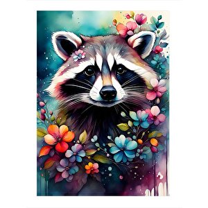 Rakun Ve Çiçekler Hediyelik Mdf Tablo 25cmx 35cm 25x35 cm