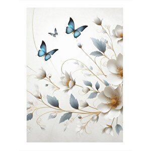 Beyaz Çiçekler Ve Kelebek Tasarım Ahşap Tablo 35cm X50cm