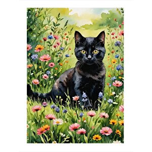 Siyah Kedi Ve Çiçekler Hediyelik Mdf Tablo 35cm X50cm 35x50 cm