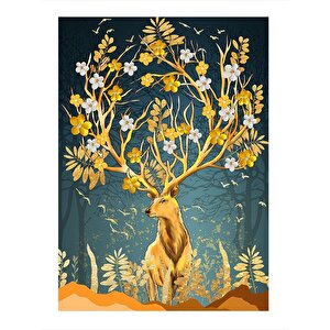 Boynuzları Çiçekli Geyik Art Mdf Poster 25cmx 35cm 25x35 cm
