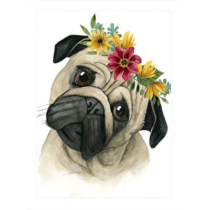 Sevimli Pug Köpek Ve Çiçekler Tasarım Mdf Tablo 35cm X50cm 35x50 cm