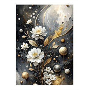 Soyut Beyaz Çiçekler Ve Gezegenler Mdf Poster 25cmx 35cm 25x35 cm