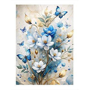 Beyaz Ve Mavi Çiçekler Modern Ahşap Tablo 25cmx 35cm 25x35 cm
