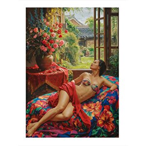 Vazodaki Çiçekler Ve Nü Kadın Model Ahşap Tablo 25cmx 35cm 25x35 cm