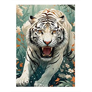 Çiçekler Ve Kaplan Tasarım Ahşap Tablo 25cmx 35cm 25x35 cm