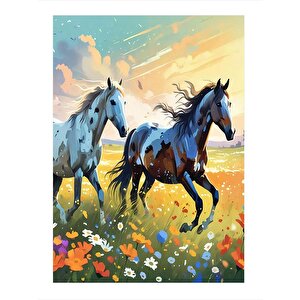Renkli Çiçekler Ve Atlar Tasarım Ahşap Tablo 25cmx 35cm 25x35 cm