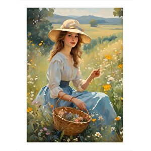 Çiçek Toplayan Kız Dekoratif Ahşap Tablo 35cm X50cm 35x50 cm