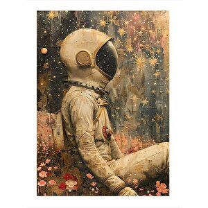 Renkli Çiçekler Ve Astronot Hediyelik Mdf Tablo 25cmx 35cm 25x35 cm