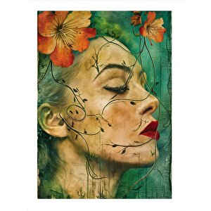 Çiçekler Ve Kırmızı Rujlu Kadın Mdf Tablo 25cmx 35cm 25x35 cm