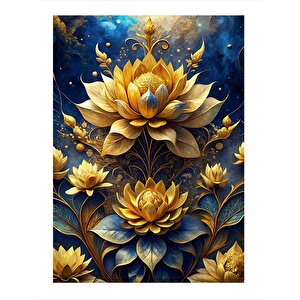 Mavi Yapraklı Altın Çiçek Art Mdf Poster 25cmx 35cm 25x35 cm