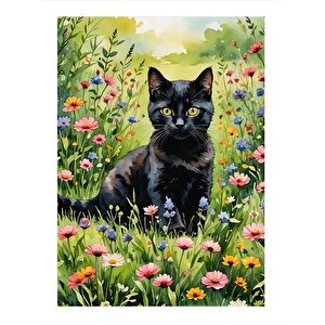 Renkli Çiçekler Ve Siyah Kedi Hediyelik Mdf Tablo 25cmx 35cm 25x35 cm