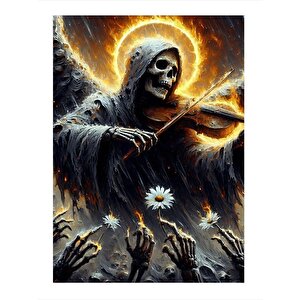 Keman Çalan İskelet Ve Çiçekler Mdf Poster 25cmx 35cm 25x35 cm