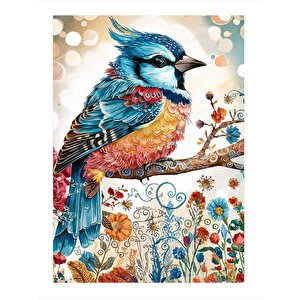 Daldaki Serçe Ve Çiçekler Tasarım Ahşap Tablo 35cm X50cm 35x50 cm