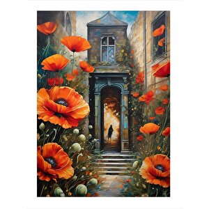 Kırmızı Çiçekler Ve Bina Art Mdf Tablo 25cmx 35cm 25x35 cm