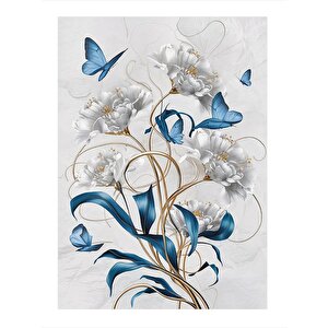 Beyaz Çiçekler Ve Kelebekler Desenli Ahşap Tablo 25cmx 35cm 25x35 cm