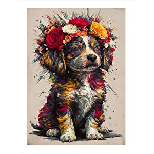 Renkli Çiçekler Ve Yavru Köpek Mdf Poster 25cmx 35cm 25x35 cm