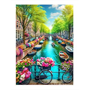 Amsterdam Çiçekli Bisikletler Desenli Ahşap Tablo 25cmx 35cm 25x35 cm