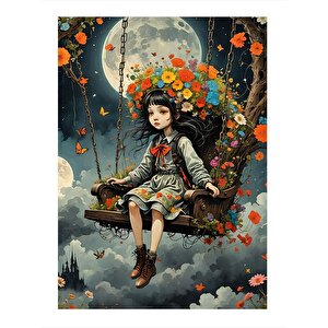 Salıncakta Sallanan Çiçekli Çocuk Dekoratif Ahşap Tablo 25cmx 35cm 25x35 cm