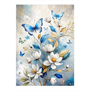 Mavi Kelebekler Ve Çiçekler Modern Mdf Tablo 50cmx 70cm 50x70 cm